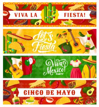 Cinco de Mayo and Viva Mexico vector Mexican holiday greeting banners. Sombrero hats, chilli peppers, maracas and cactuses, fiesta mariachi guitars, Mexico flag, nachos, tequila and tacos