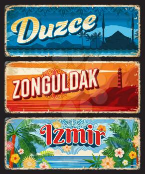 Duzce, Zonguldak and Izmir il, Turkey provinces vintage plates. Turkish republic travel grunge signs and stickers of mosque, lighthouse, Black Sea beach, palms, flowers and Islamic ornaments