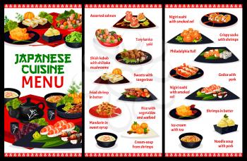 Japanese cuisine restaurant menu template. Assorted salmon, kenko yaki and shish kebab, mandarin in syrup, shrimps and noodle soup, gyoza, unagi, nigiri and philadelphia roll sushi, ice cream vector