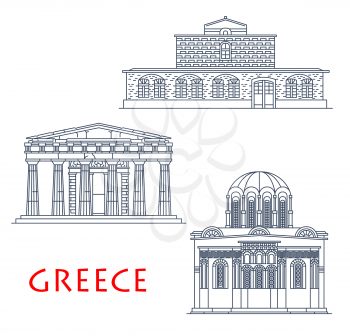 Greece architecture buildings, Greek antique travel landmarks, vector icons. Saint Stephen church in Thessaly, Theseion Temple of Hephaestus in Athens, Nea Moni monastery in Chios, Greece line icons