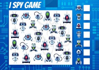 I spy kids game, cartoon robots and droids riddle. Vector task, education puzzle with ai cyborgs. How many androids and bots test. Development of numeracy skills and attention, math worksheet page