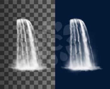 Waterfall cascade, realistic water flow. Transparent stream, fountain jet, river or garden 3d vector waterfall pure water falling from cliff with splash and fog or spray mist