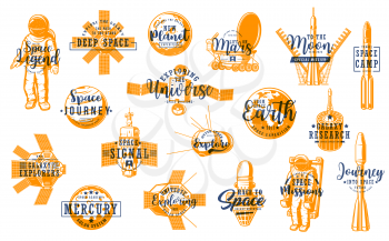 Space exploration, planet research technologies icons. Astronaut, artificial satellites and rover, rocketship, orbital station and planets vector lettering. Space mission, astronaut academy icons