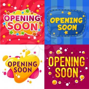 Opening soon cartoon banners. Kids store or shop grand opening announcement funny vector posters, event or website launch promotion comic stickers with stars, colorful bubbles and seam stitch