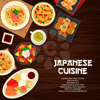 Japanese cuisine menu cover, Asian food dishes and meals, vector restaurant lunch poster. Japanese traditional dinner food bowls with udon noodles, seafood and vegetable rice, salmon and tuna sashimi