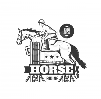 Horse riding school icon. Equestrian club, horse race competition or show jumping event monochrome vector emblem or symbol with jockey on stallion horse racing and jumping over obstacle