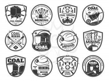 Coal mining icons. Mining industry, fossil fuel production and mining engineering vintage symbols or vector badges with miner pickaxe, hard hat helmet and gas mask, jackhammer, mine cart with coal