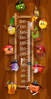 Kids height chart, pirates and corsair fruits, vector cartoon growth meter. Kids height chart or measure scale, funny fruit pirates orange and apple with saber, pear and pineapple, banana and plum