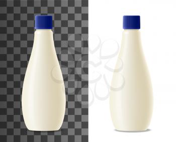 Mayonnaise plastic bottle realistic packaging mock up. Milk, yogurt or cream dairy products blank pack, 3d vector white container with blue lid. Mayo sauce bottle design mockup