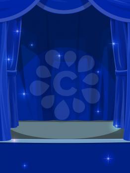 Blue curtains on stage. Circus or theater empty stage with opened drapery, cartoon vector background or backdrop with concert hall, stand up club, music performance empty stage with shiny magic sparks
