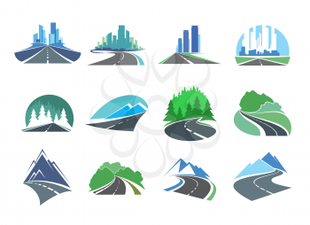 Highway road, driveway or freeway icons with city skyline, forest and mountain. Vector emblems with metropolis, countryside asphalt road, speedway and pathway with skyscrapers on horizon, spruce trees