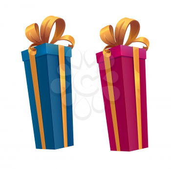 Tall holiday gift boxes, cartoon vector presents with gold ribbons and bows. Blue and pink surprise packages or festive packs of Christmas, Birthday, New Year or Valentine Day holidays celebration