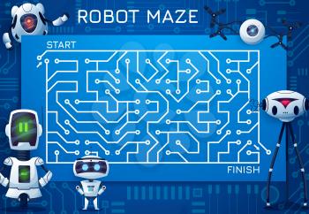Labyrinth maze game with motherboard and robots. Cartoon kids vector boardgame, find correct way test with ai bots, cyborgs, drones and androids. Worksheet riddle with microcircuit field and droids