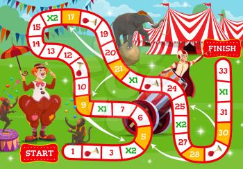 Circus boardgame, shapito circus characters near big top tent. Vector step game for kids with numbered block way. Children test with cartoon clown, apes jugglers, trained elephant and man cannonball
