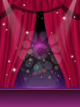 Red curtains on stage, circus or theater and cinema show vector background. Red curtains or velvet drapes with spotlight, opera or funfair carnival circus stage and cinema theater performance show