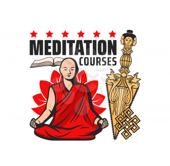 Buddhism meditation courses vector icon with isolated Buddhist religion symbols. Monk meditating in lotus position with endless or eternal knot, gold kila or phurba dagger and Sutra book