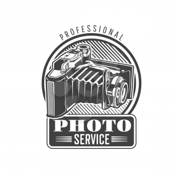 Photo service icon with vintage folding camera. Professional photography equipment, retro cameras repair and maintenance service monochrome sign or vector emblem with old medium format bellows camera