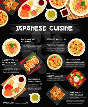 Japanese cuisine and Asian food, Japan restaurant menu with undon noodles, seafood and rice dishes, vector. Japanese cuisine bar dinner and lunch salon and tuna sashimi, seafood rice and soy sauce