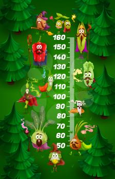 Kids height chart with cartoon wizard vegetables, vector growth meter. Kids height chart or measure scale with pepper and tomato vegetable wizards, onion and corn magicians, olives with magic wands