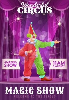 Shapito circus poster, clown at funfair carnival show, vector cartoon harlequin. Circus carnival and funfair performance of funny clown and magic show entertainment with joker on stage