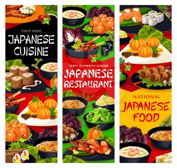 Japanese food restaurant dishes banners. Sweets with tangerines, noodle and shrimp soup, shish kebab, mandarin in syrup and crispy sacks, temaki, philadelphia and walnut roll, seaweed salad vector