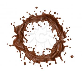 Chocolate milk round twister or swirl splash with splatters. Melted and liquid hot chocolate swirl, 3d realistic vector dessert cocoa drink or confectionery syrup circle splash with droplets