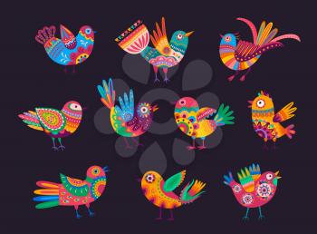 Mexican birds with colorful ornaments, feathers and tails. Vector alebrije birds, decorated with ethnic pattern of Mexico and floral motif with flowers and leaves. Mexican holiday elements