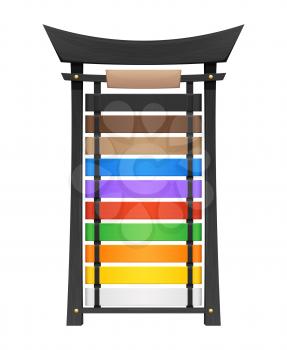 Karate belt display stand vector black wooden rack. Asian combat sport and martial arts equipment, wood holder with hanging colorful belts, karate kimono, fighter uniform