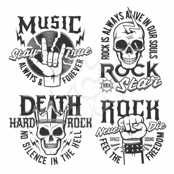 Hard rock skull t-shirt prints, rock music concert vector icons and badges. Hard rock music festival and rocker club emblems with skull in crown, fist and vinyl disc, thunderbolt lighting and slogans