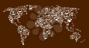 Steaming coffee cups, pots and beans vector world map. Freshly brewed espresso, cappuccino or latte, hot chocolate or macchiato coffee drinks in mugs and demitasse cups with saucers and steam