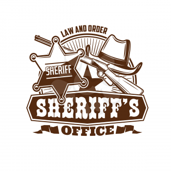 Sheriff office icon, marshal or Wild West lawman retro emblem. Vector cowboy or rodeo hat, United States of America sheriff star badge and old rifle gun. USA law enforcement agency vintage icon
