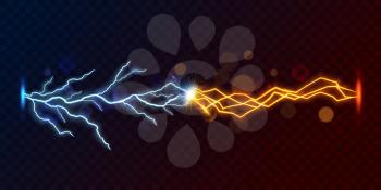 Lightning thunderbolt against short circuit flash, 3d vector on transparent background. Electric energy discharge with blue and yellow lightning bolts, sparks and bokeh lights, vs or versus battle
