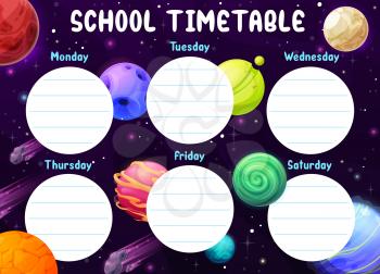 Galaxy school timetable. Kids lessons timetable with cartoon vector fantasy alien planets, stars and asteroids in outer space. Child weekly schedule, children education planner or study calendar