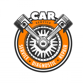 Car service icon with vector wheel and crossed pistons, auto repair and diagnostics. Isolated spare parts of vehicle engine, tire, disk, rim and center cap with crown symbol of mechanic workshop