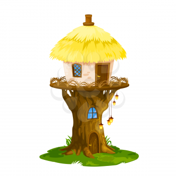 Fairy elf or gnome house, vector dwelling of cartoon fantasy magic forest tree stump with cute windows and doors, reed roof, chimney and flower lanterns. Fairytale village home, cottage or bungalow