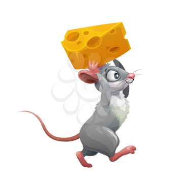 Cartoon grey mouse with cheese, vector rodent animal of cute rat or funny little mouse character carrying cheese to mouse hole. Domestic pest with happy smile stealing food