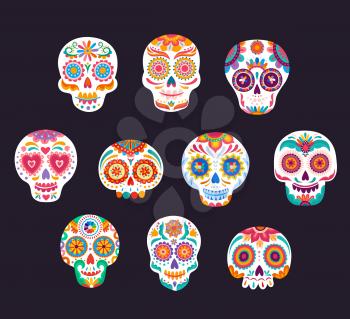 Mexican calavera white sugar skulls vector set of Dia de los Muertos or Day of the Dead holiday. Mexico Halloween sugar skulls or skeleton heads with bright floral pattern and ethnic ornaments