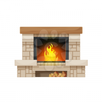 Wood burning fireplace or hearth isolated vector icon. Stone or brick home fireplace or stove with burning fire, wooden mantel or mantelpiece and firewood storage shelf with wood logs
