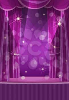 Purple curtains on stage, circus or theater empty vector scene with with drape. Open backstage portiere, spotlights and sparkles. Cartoon opera scene, concert or cinema grand opening show performance