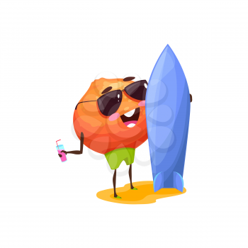 Orange fruit with surfboard isolated funny cartoon character in sunglasses with cocktail. Vector summer citrus on holiday vacation, tropical food surfer on rest. Summertime recreation, sport leisure