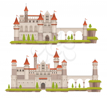 Cartoon medieval fairytale stone castle with towers, gate and flags. Ancient palace, vector fantasy fortress or kings residence with high walls, drawbridge, terraces and stone towers