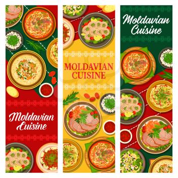 Moldovan food, Moldavian cuisine banners or menu with traditional lunch dishes and dinner meals, vector. Moldavian or Moldovan food meat goulash, chicken, dumplings and noodles, Eastern Europe cuisine