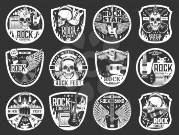 Rock music vector icons of rock n roll band guitars, drums, grunge or heavy metal rocker skulls, loudspeakers, headphones, vinyl records and lightnings. Music festival, live concert and party design
