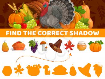 Find correct shadow, Thanksgiving autumn items, vector kids game or tabletop riddle. Find and match same silhouette of Thanksgiving pumpkin, apple pie, mushroom and honey, cartoon board game puzzle