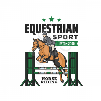 Horse riding, equestrian sport and steeplechase races tournament, vector emblem. Horse and equine rides club badge with polo or jockey on hippodrome, premium sport club sign