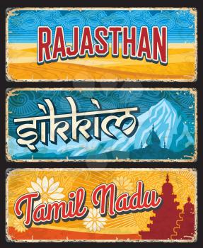Rajasthan, Sikkim and Tamil Nadu Indian states vintage plates or banners. Vector travel destination aged signs, India landmarks. Retro grunge boards, worn touristic signboards plaques or postcards