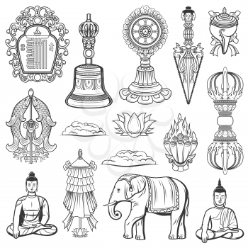 Tibetan Buddhism religion sacred symbols. Vector Kalachakra symbol, tribu bell and dharma wheel, Kila knife, conch shell and golden fish, lotus, vajra, victory banner and elephant, meditating Buddha