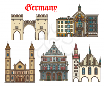 Germany architecture, Munich buildings and travel landmarks, vector. German churches of St Ludwig and Saint Michael, Karlstor gates, Old Town Hall or Altes Rathaus and Johann Nepomuk Asamkirche