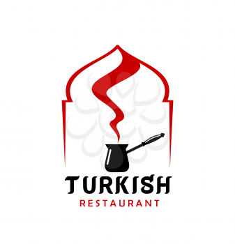 Turkish cuisine restaurant icon. Turkish street food cafe or coffee shop vector emblem or icon with steaming turkish coffee brewed in copper cezve and mosque dome silhouette