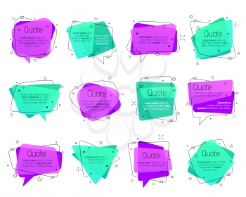 Quote frames, vector speech bubbles and comment text boxes, dialog, talk and note textboxes with quotation marks. Isolated colorful dialogue balloon templates of memo note, info box and chat message